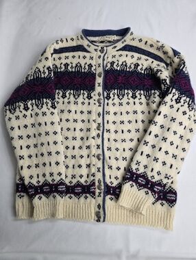 LL Bean Cardigan Womens L Fair Isle Nordic Wool Sweater Cardigan Vintage USA 80s